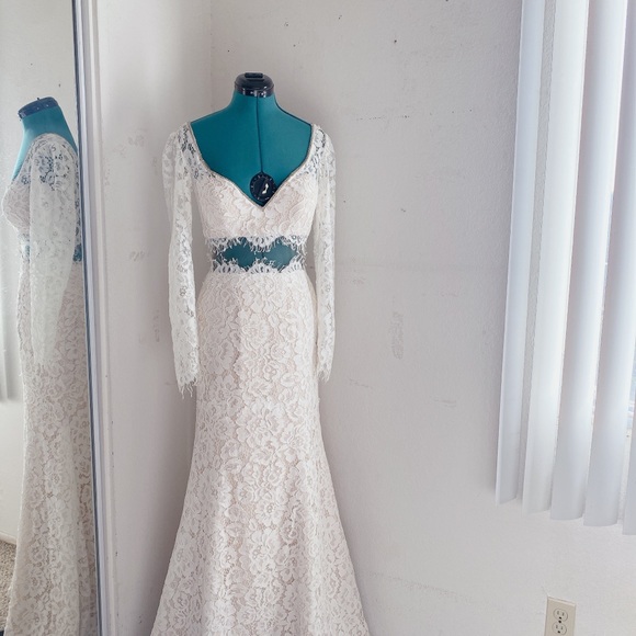 JUSTIN & ASHLEY LACE IVORY BEIGE MERMAID TWO-PIECE WEDDING DRESS SZ 8 - Picture 7 of 9